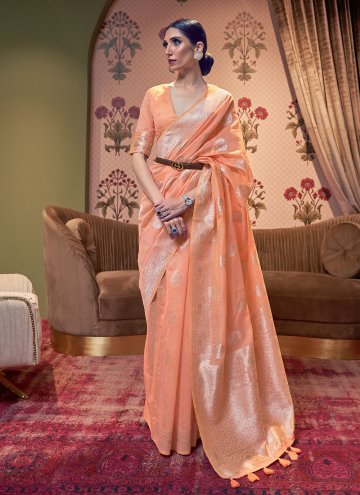 Orange color Linen Classic Designer Saree with Wov