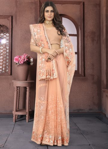 Orange color Net Classic Designer Saree with Embro
