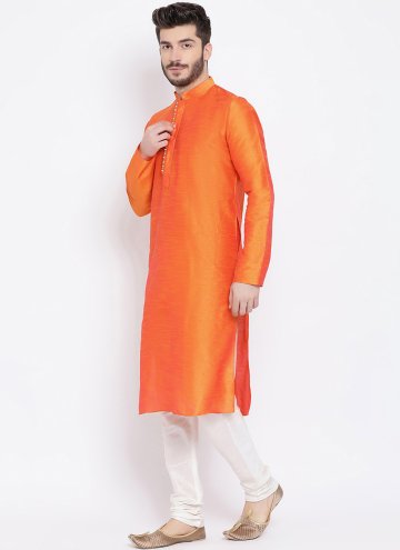 Orange color Plain Work Art Dupion Silk Kurta Pyjama