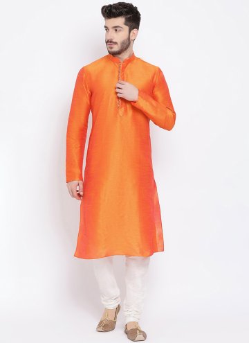 Orange color Plain Work Art Dupion Silk Kurta Pyjama