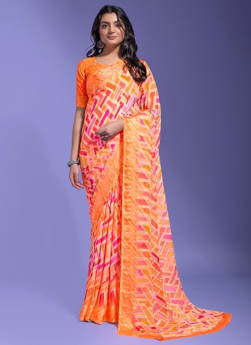 Orange color Printed Chiffon Designer Saree