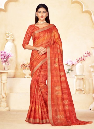 Orange color Printed Linen Contemporary Saree