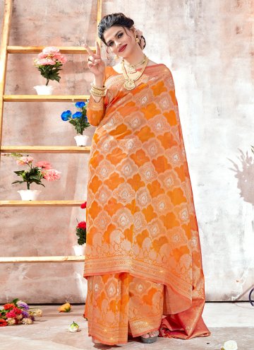Orange color Woven Organza Designer Saree
