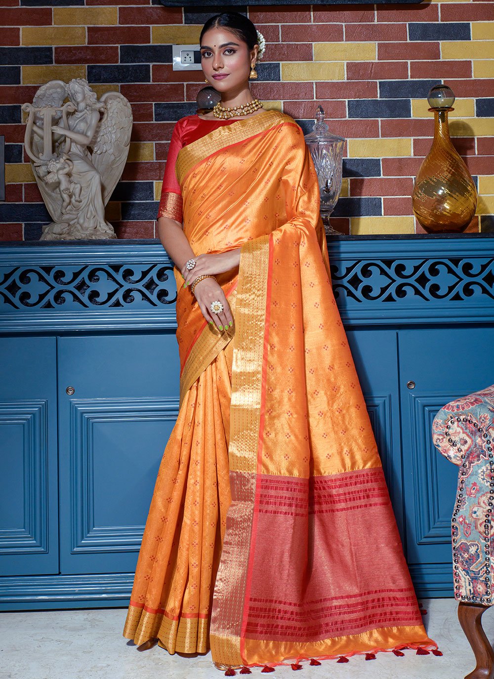 Orange color Woven Silk Classic Designer Saree