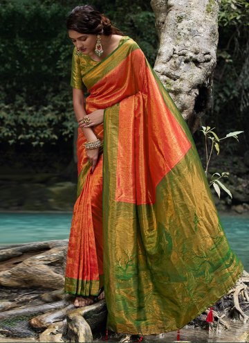 Orange Contemporary Saree in Kanjivaram Silk with Woven
