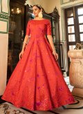 Orange Cotton  Embroidered Floor Length Gown for Party - 1