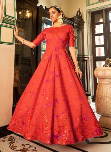Orange Cotton  Embroidered Floor Length Gown for P