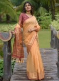 Orange Cotton  Jacquard Work Designer Saree - 2