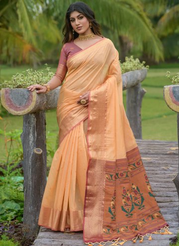 Orange Cotton  Jacquard Work Designer Saree