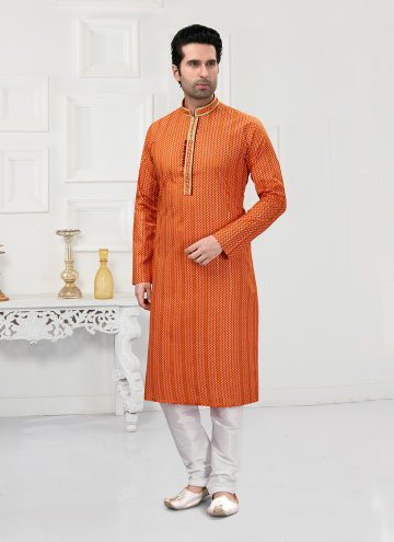 Orange Cotton  Printed Kurta Pyjama for Ceremonial
