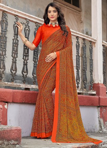Orange Designer Saree in Chiffon with Print