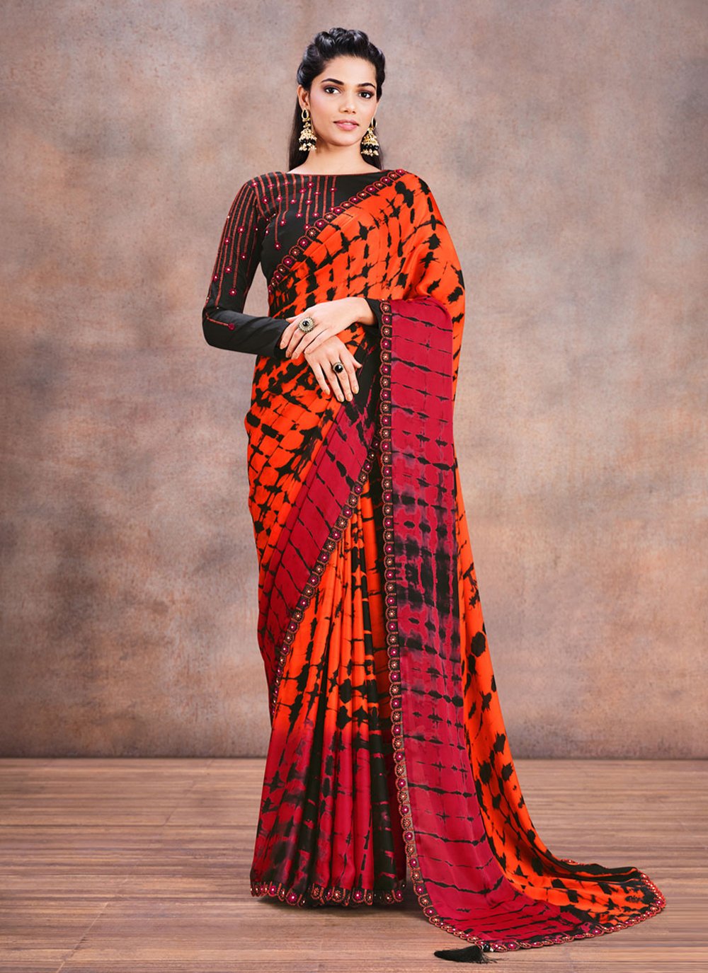 Orange Faux Crepe Printed Traditional Saree for Party