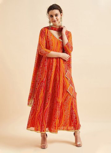 Orange Georgette Bandhej Print Readymade Designer Gown for Ceremonial