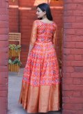 Orange Jacquard Silk Patola Print Gown for Ceremonial - 2