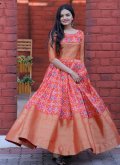 Orange Jacquard Silk Patola Print Gown for Ceremonial - 3