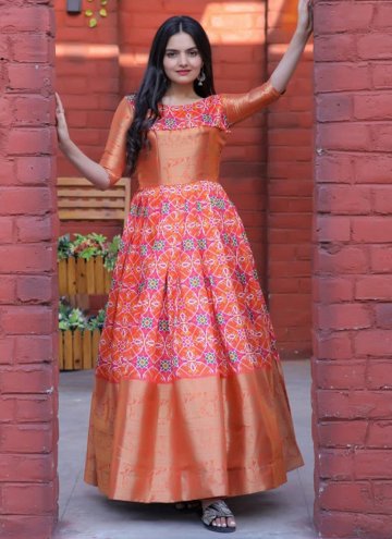 Orange Jacquard Silk Patola Print Gown for Ceremon