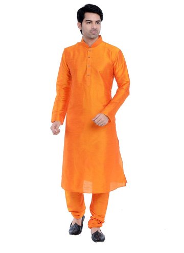 Orange Kurta Pyjama in Art Dupion Silk with Plain 