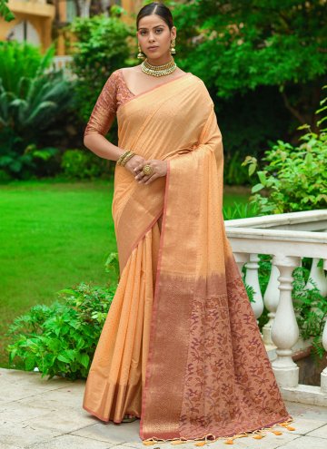 Orange Linen Woven Designer Saree for Festival