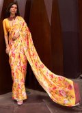 Orange Satin Floral Print Trendy Saree - 1