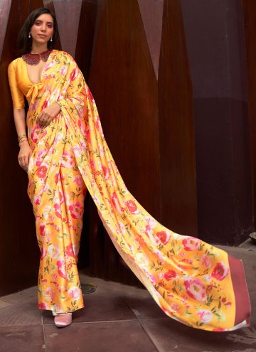 Orange Satin Floral Print Trendy Saree