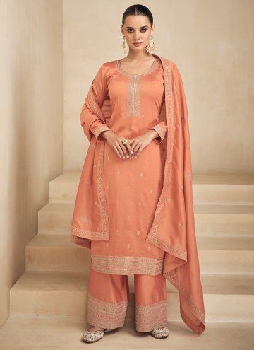 Orange Silk Embroidered Trendy Salwar Kameez for Engagement
