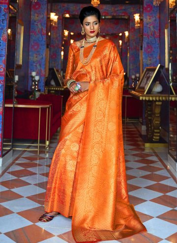 Orange Silk Woven Designer Traditional Saree for C