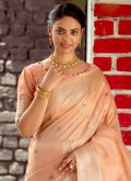 Orange Traditional Saree in Linen with Woven - 1