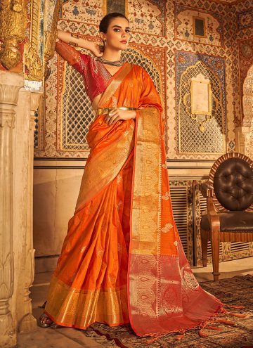 Orange Tussar Silk Woven Contemporary Saree for Ca
