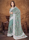 Organza Classic Designer Saree in Sea Green Enhanced with Embroidered - 2