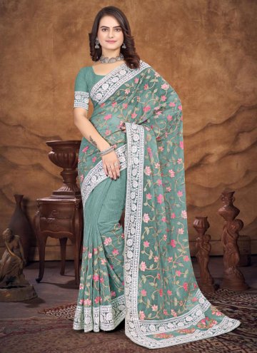 Organza Classic Designer Saree in Sea Green Enhanced with Embroidered
