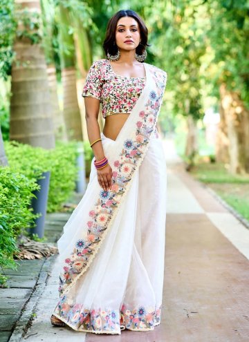 Organza Classic Designer Saree in White Enhanced with Embroidered