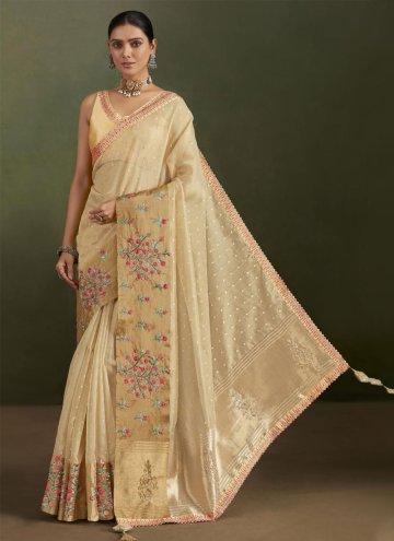 Organza Contemporary Saree in Cream Enhanced with Embroidered