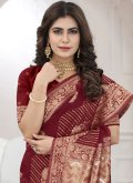 Organza Contemporary Saree in Maroon Enhanced with Booti Work - 1