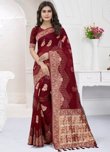 Organza Contemporary Saree in Maroon Enhanced with Booti Work