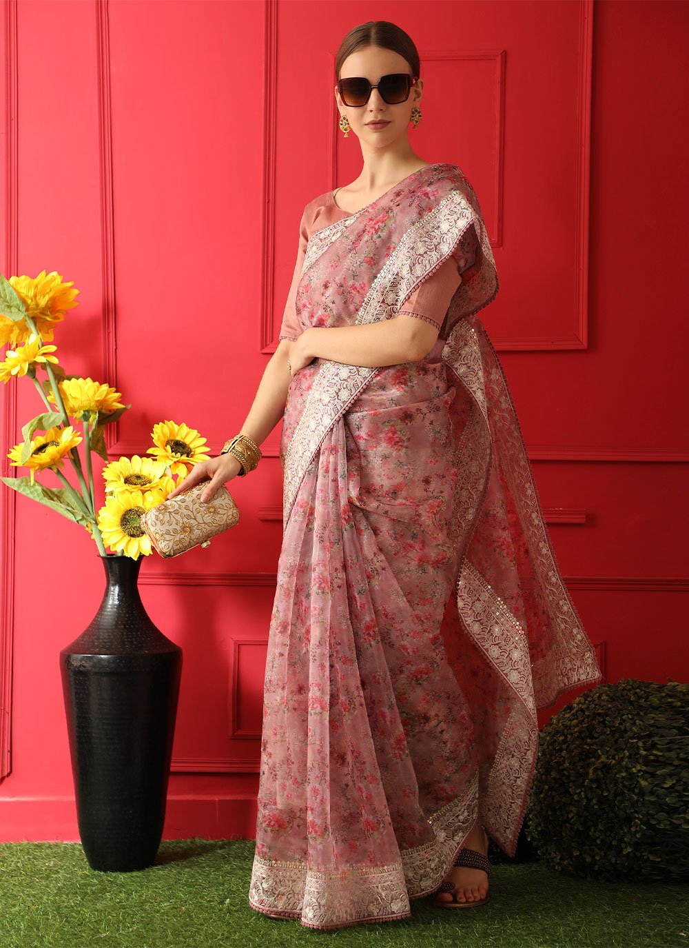 Organza Contemporary Saree in Pink Enhanced with Embroidered