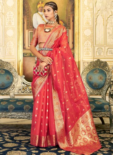 Organza Contemporary Saree in Red Enhanced with Woven