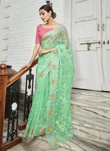 Organza Contemporary Saree in Sea Green Enhanced with Embroidered