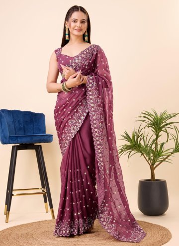 Organza Contemporary Saree in Wine Enhanced with Embroidered