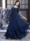 Organza Floor Length Gown in Navy Blue Enhanced with Embroidered - 2