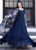 Organza Floor Length Gown in Navy Blue Enhanced with Embroidered - 3