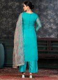 Organza Pant Style Suit in Aqua Blue Enhanced with Hand Work - 1