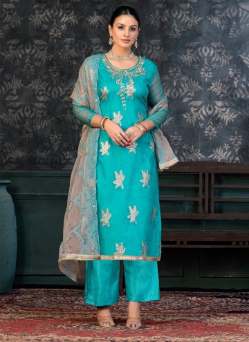 Organza Pant Style Suit in Aqua Blue Enhanced with Hand Work