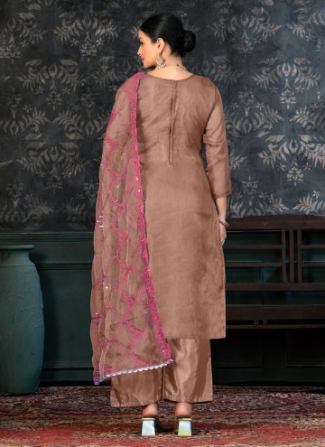 Organza Pant Style Suit in Brown Enhanced with Hand Work