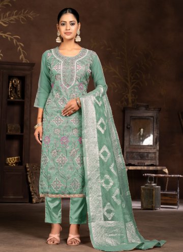 Organza Pant Style Suit in Green Enhanced with Embroidered