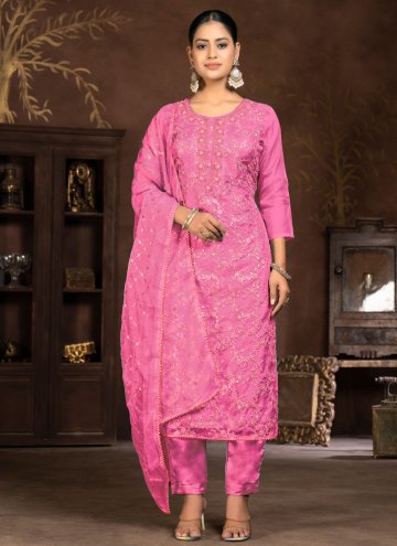 Organza Pant Style Suit in Pink Enhanced with Embr