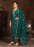 Organza Salwar Suit in Green Enhanced with Hand Work - 1