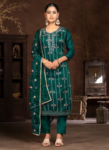 Organza Salwar Suit in Green Enhanced with Hand Wo