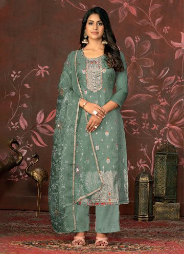Organza Salwar Suit in Green Enhanced with Hand Work