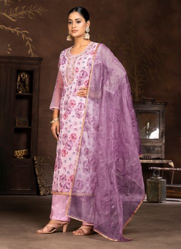 Organza Salwar Suit in Purple Enhanced with Hand Work