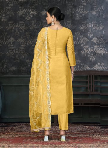 Organza Salwar Suit in Yellow Enhanced with Hand Work
